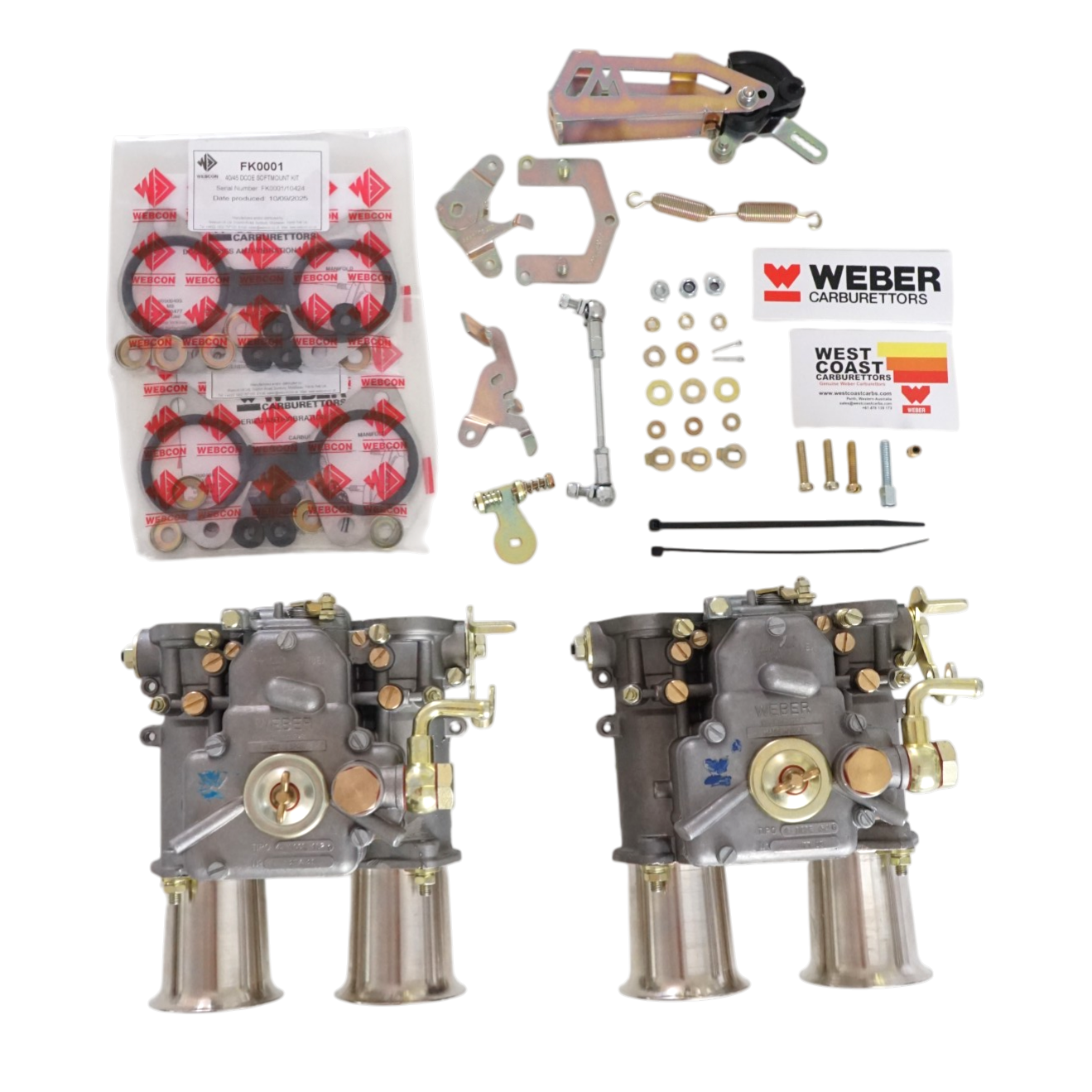 Two Weber 45 DCOE Carburettors, LP1000 linkage kit and soft mounts